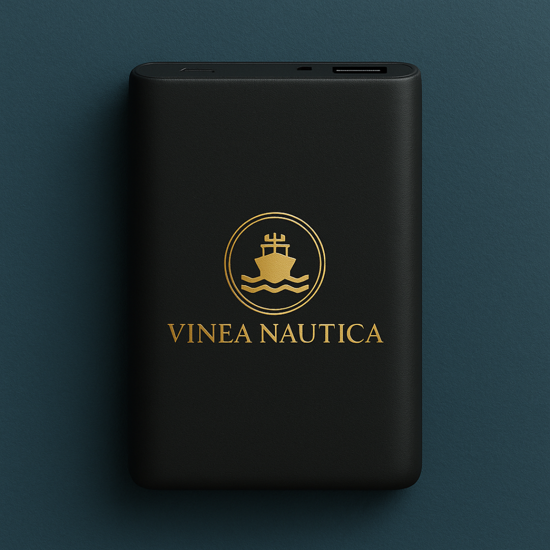 Un dispositivo elettronico nero con il logo di Vinea Nautica in oro, raffigurante una nave e onde, posizionato su uno sfondo blu scuro.