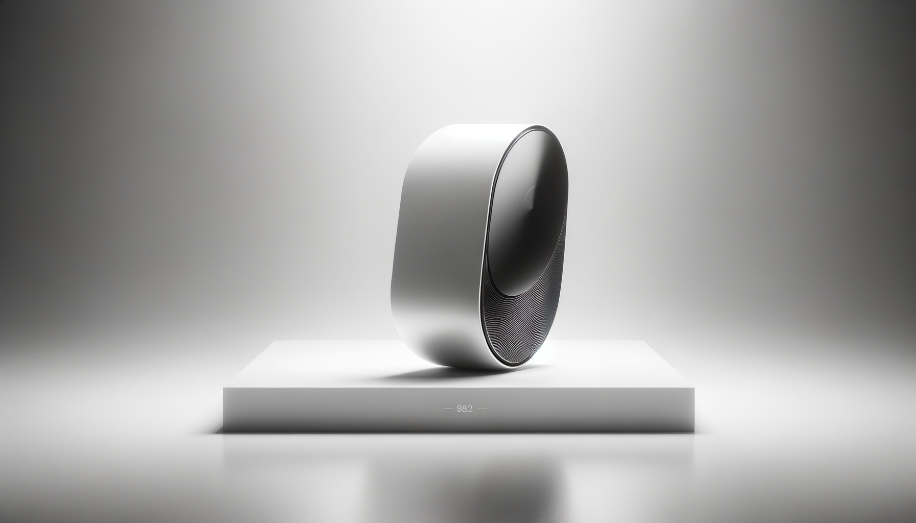 A modern, sleek black and silver speaker on a white pedestal with the number 982.