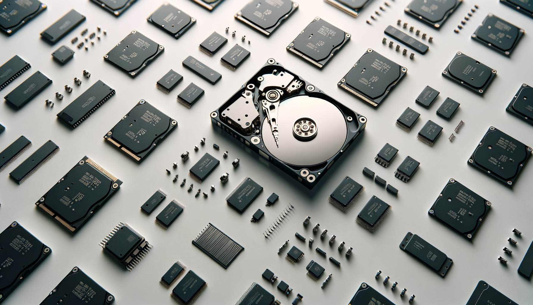Various computer hardware components, including multiple hard drives, memory chips, and electronic parts, arranged on a white surface.