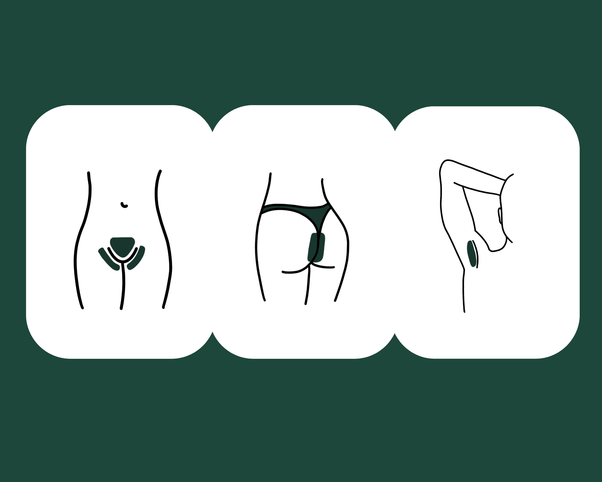 Line drawing of a woman's body in three views: front, back, and side, with dark green highlight on the genital area.