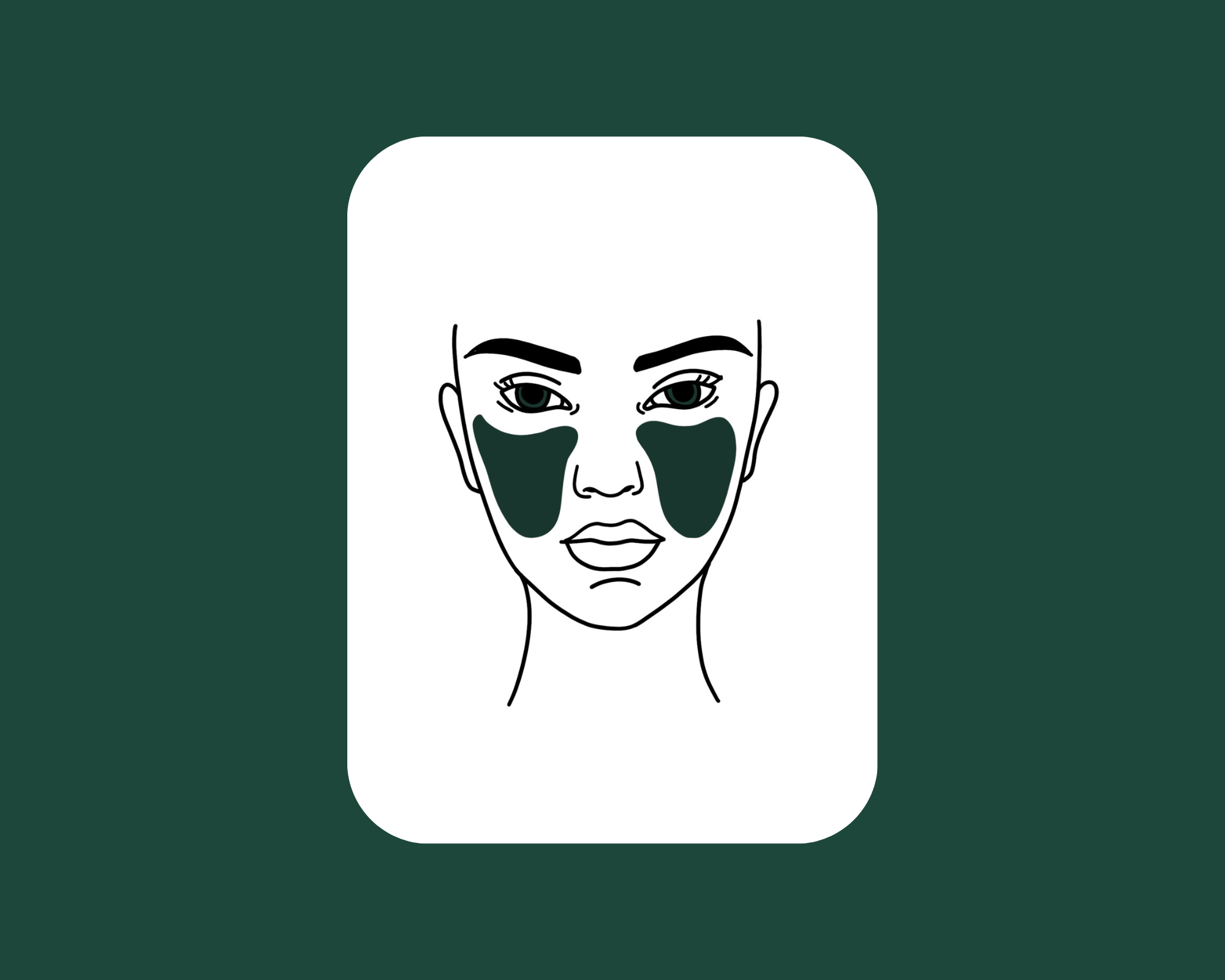 A line art drawing of a woman's face with dark patches under her eyes, indicating a face mask or skincare treatment.