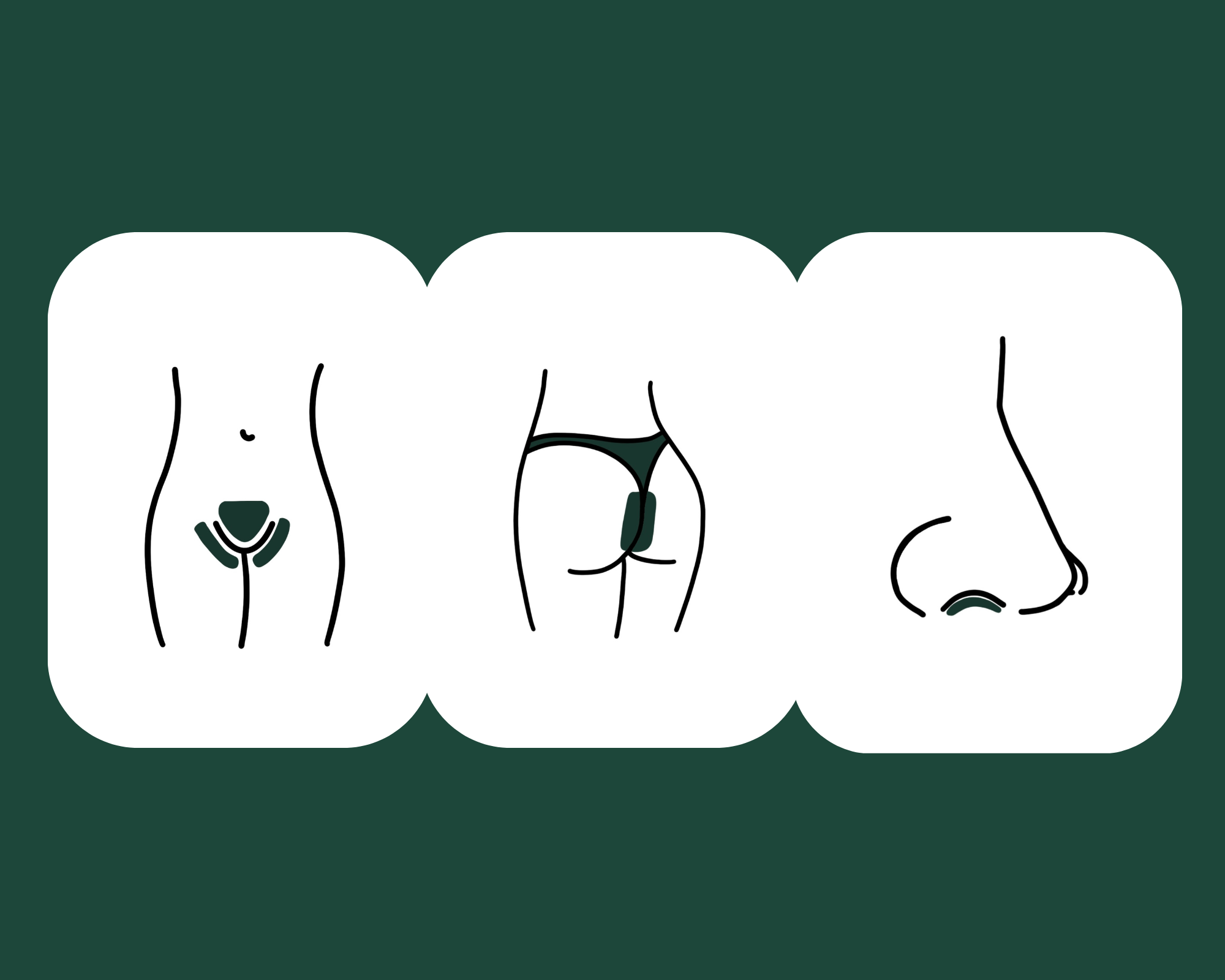 Simplified line drawings of a female pubic area, backside, and nose.