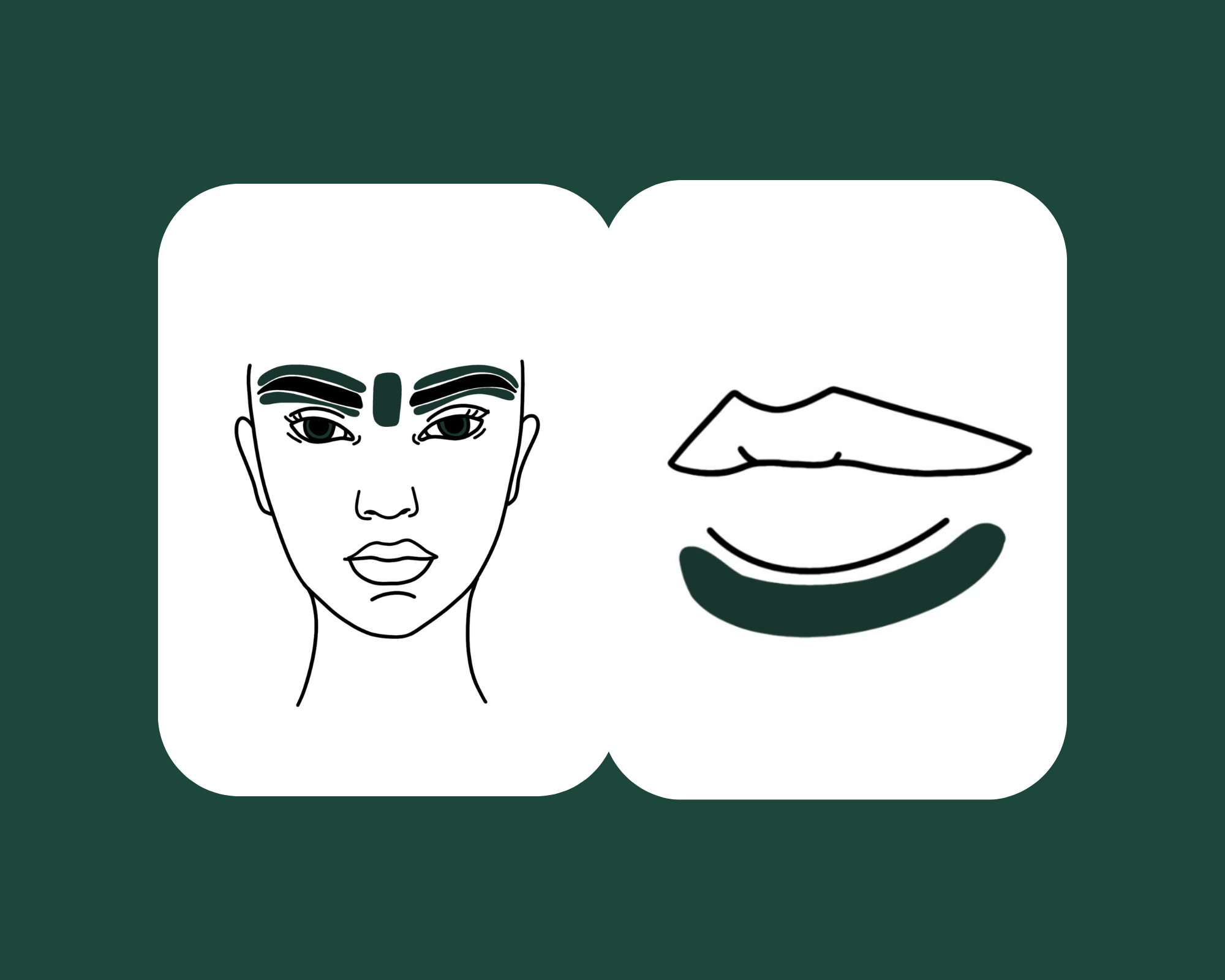A line drawing of a woman's face with makeup and stylized lips on an open book or magazine page