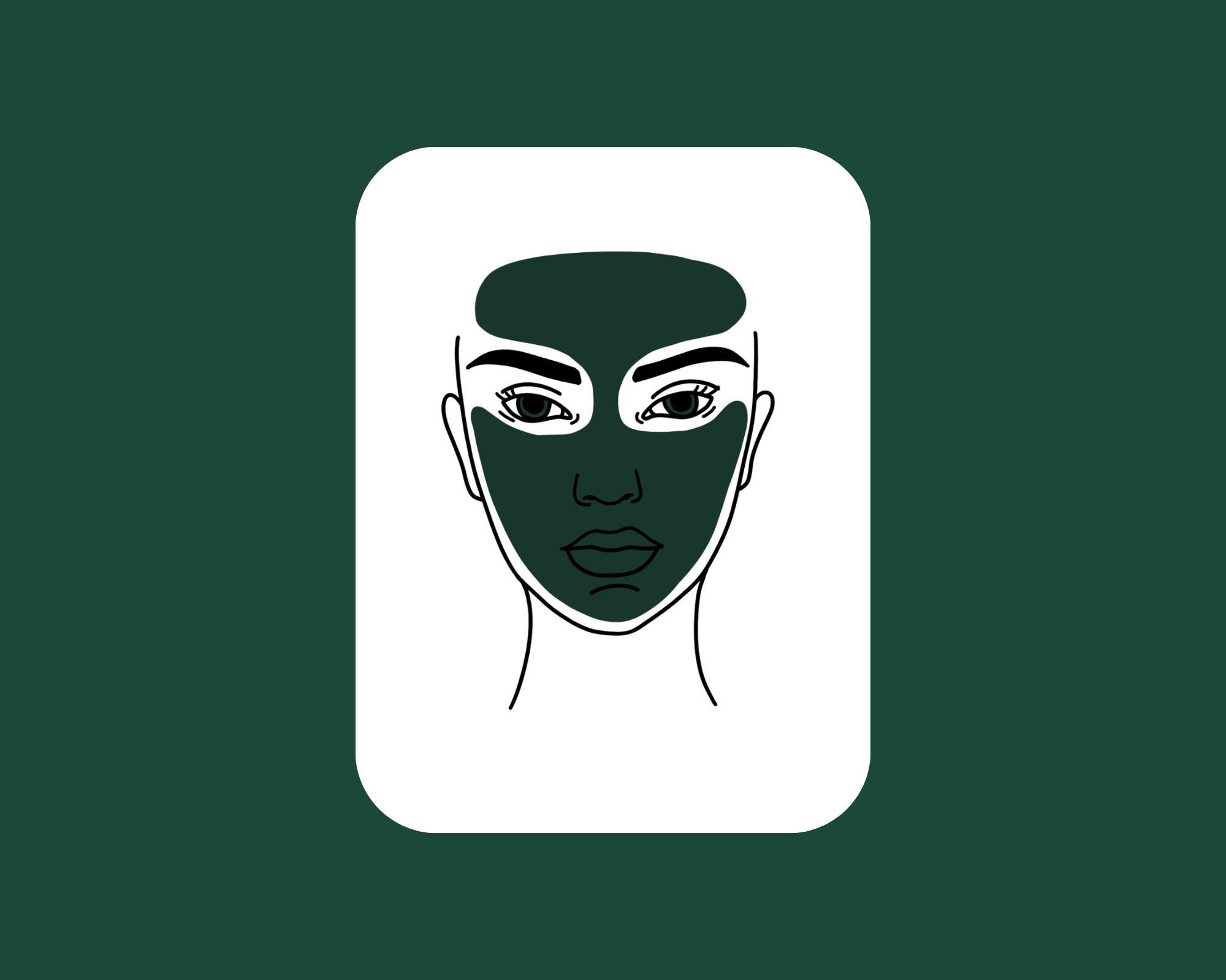 Stylized line drawing of a woman's face with dark green face mask and eyes, against a white background with a dark green border.