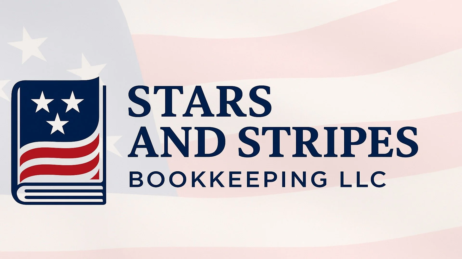 Logo for Stars and Stripes Bookkeeping LLC featuring a book with a three-star design on a flag-themed background.