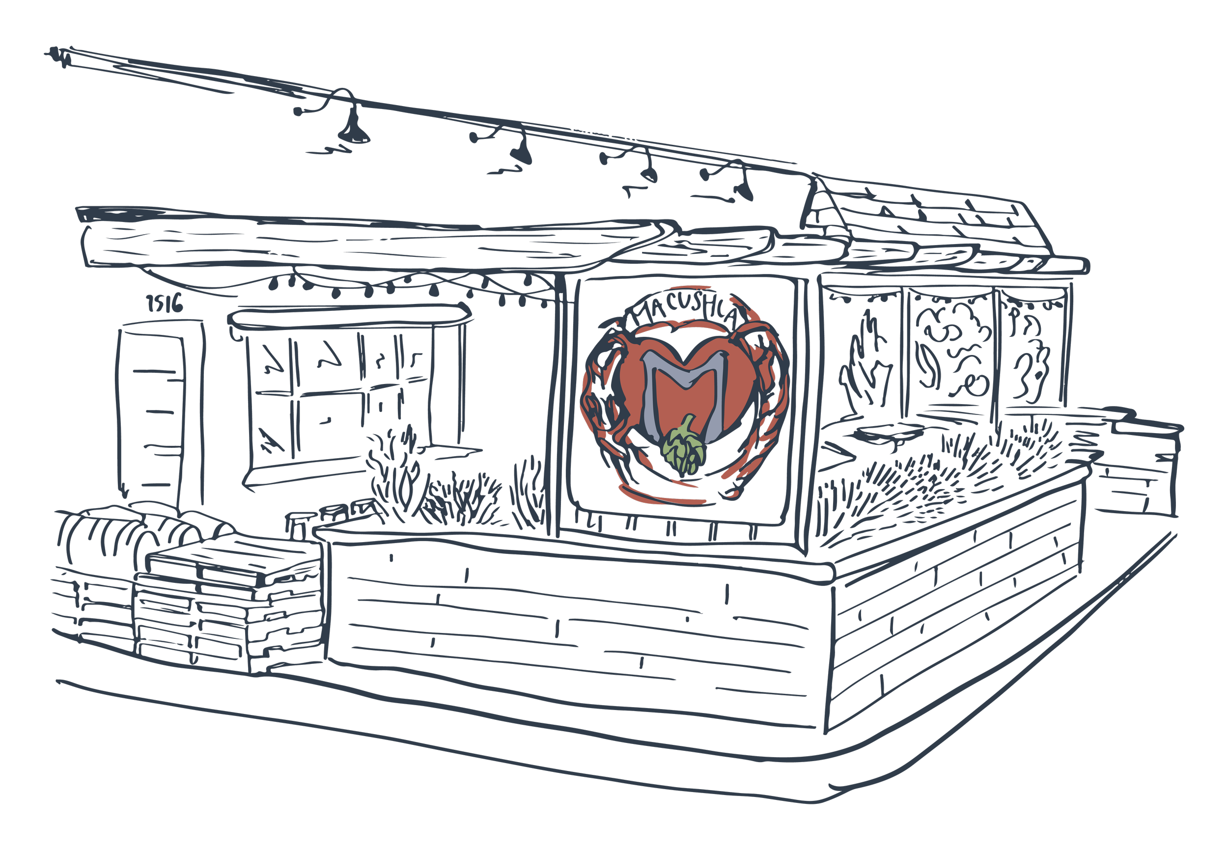 Line drawing of a restaurant exterior with a large central logo featuring a letter 'M' and the word 'TACUSHLA'.