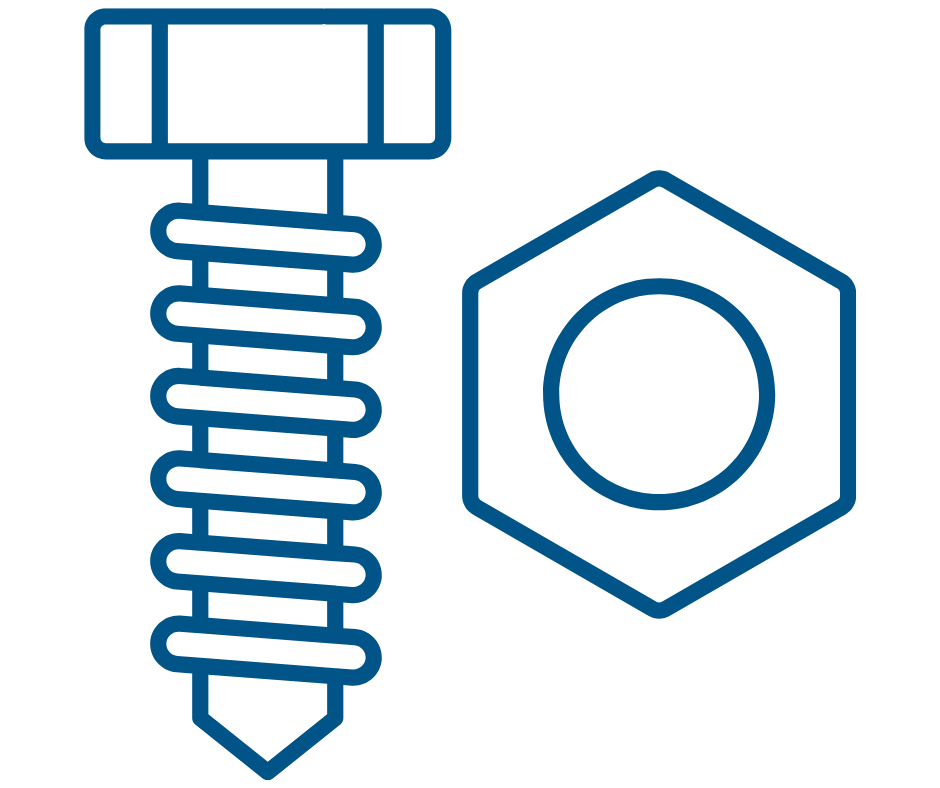 Line drawing of a screw and a nut in blue outlines.