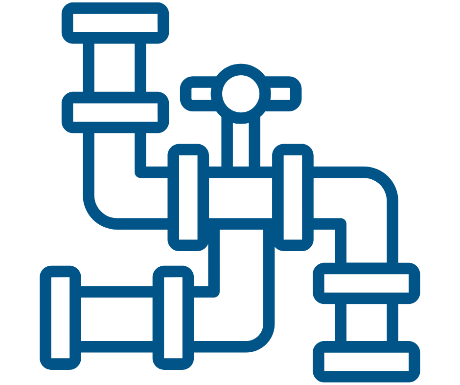 Line drawing of a plumbing pipe system with various angles and valves.
