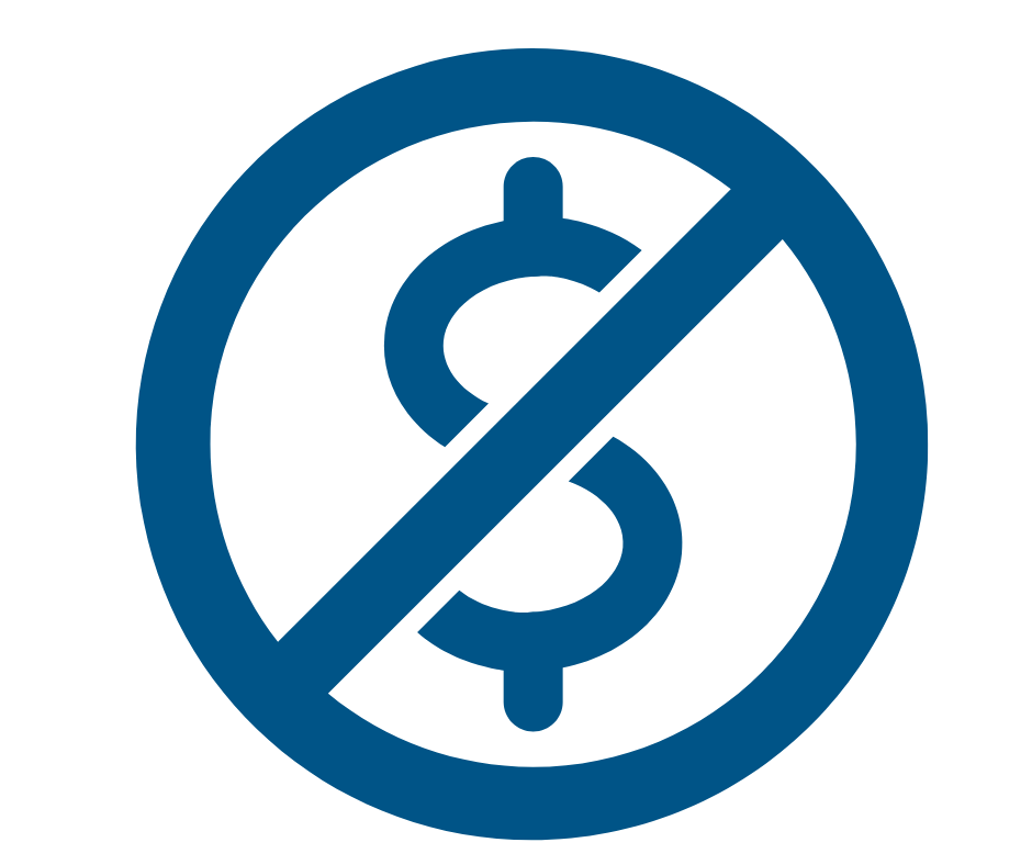 Blue symbol of a dollar sign with a slash through it, indicating no hidden fees