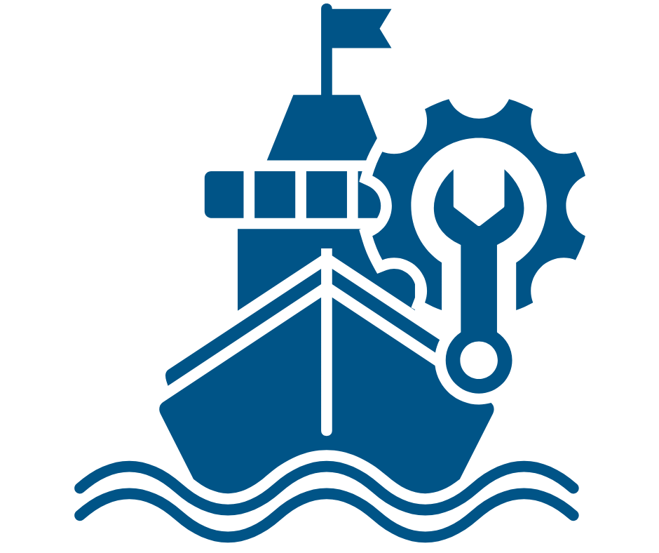 Icon of a ship on water with a gear and wrench symbol, representing ship maintenance or repair.