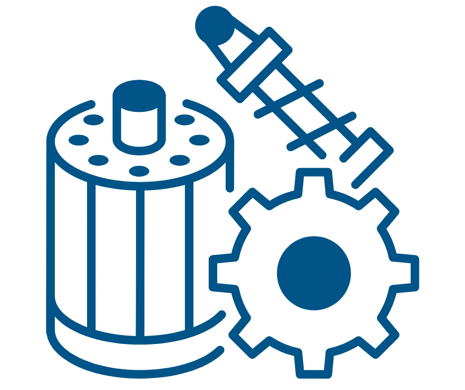 A schematic representation of a fuel filter, an oil filter, a syringe, and a gear, indicating mechanical or automotive maintenance.