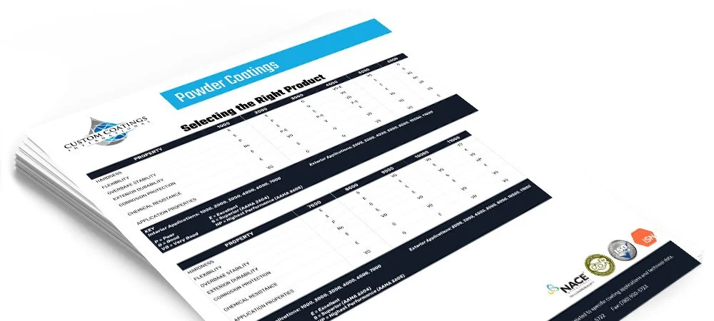 A stack of printed documents titled 'Powder Coatings' with a table for selecting the right product, including properties like hardness, flexibility, and chemical resistance, along with logos at the bottom.