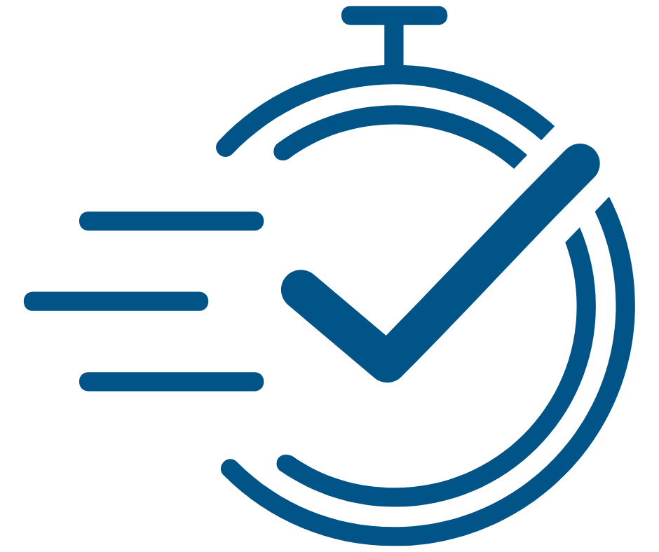 A blue icon of a stopwatch with motion lines and a check mark inside.