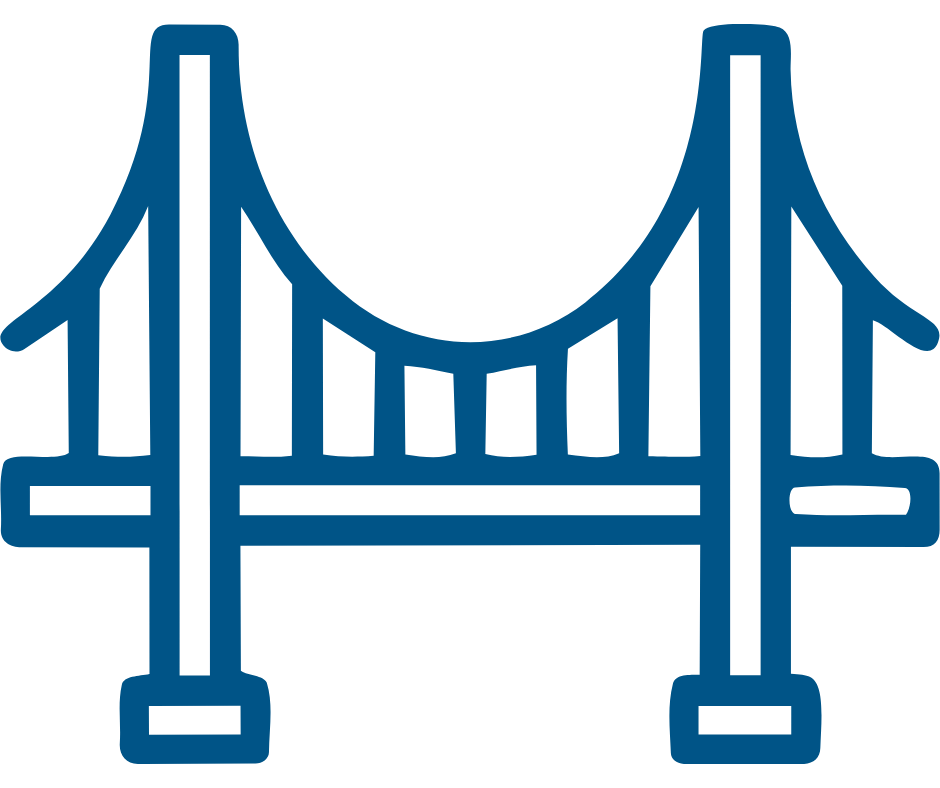 Line drawing of the Golden Gate Bridge in blue.