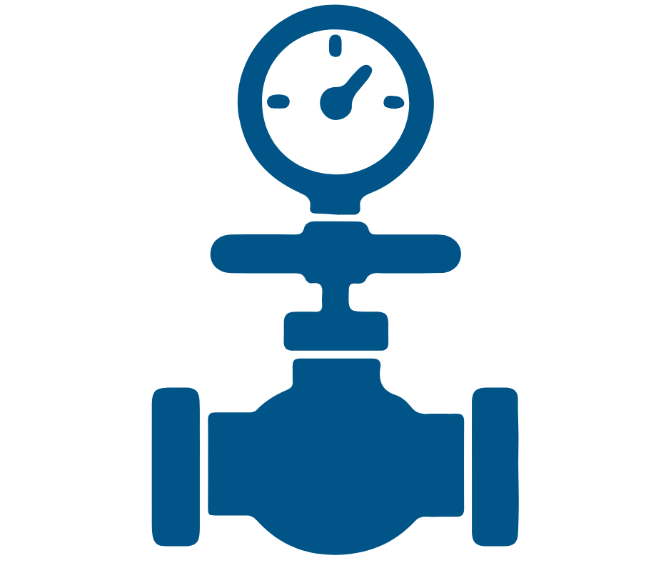 Icon of a pressure gauge connected to a pipeline with a valve.
