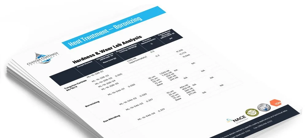 A printed report titled 'Heat Treatment - Boronizing' with data tables on hardness and wear lab analysis for a custom coating. The report features logos at the bottom.