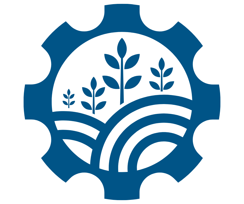 A gear icon with illustrations of plants and fields inside, symbolizing agriculture or sustainable farming.