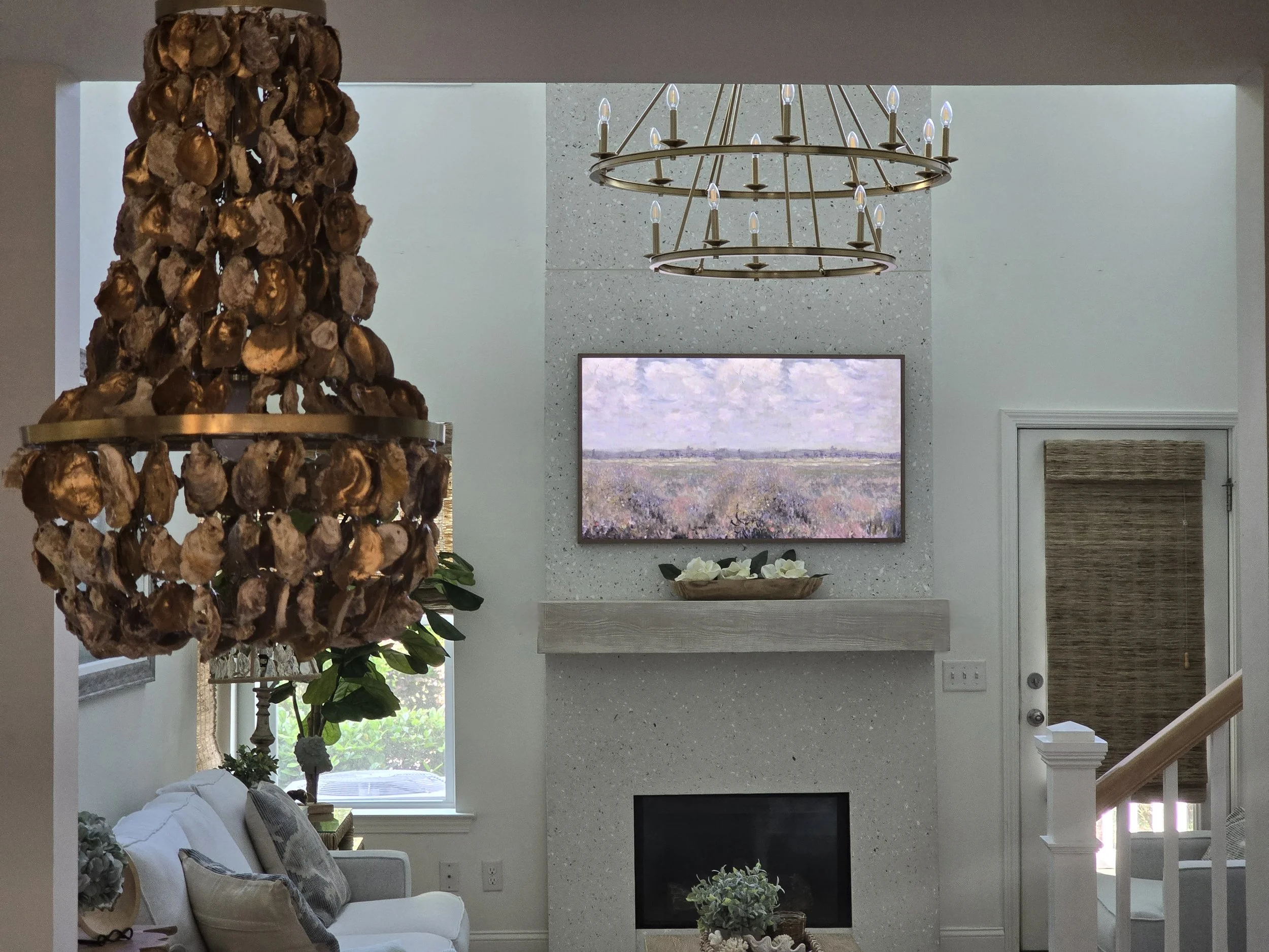 tabby Fireplace wall panels from floor to vaulted ceiling