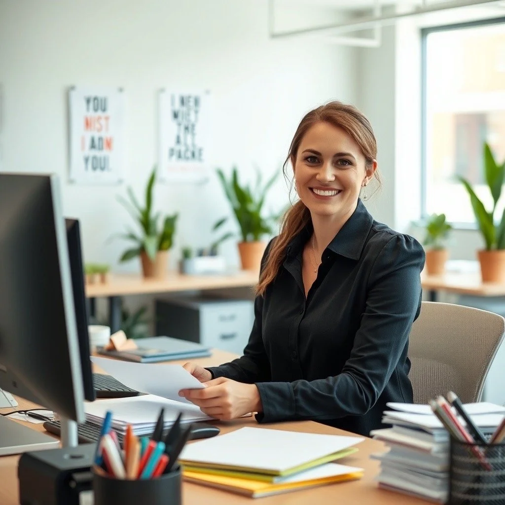 A smiling woman sitting at a desk in an office, holding papers, with a computer monitor and office supplies, with plants and motivational posters in the background.