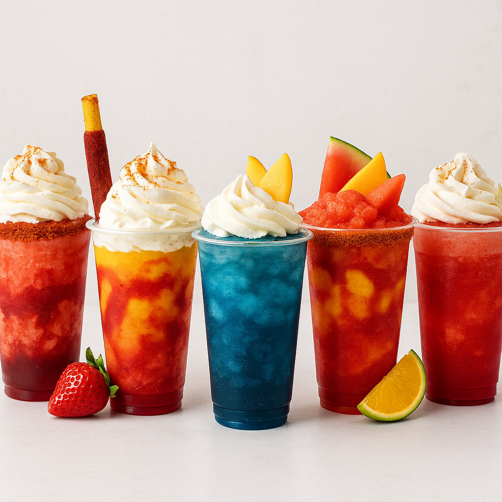 Five colorful frozen fruit drinks topped with whipped cream, garnished with fruit slices and a strawberry, with a white background.
