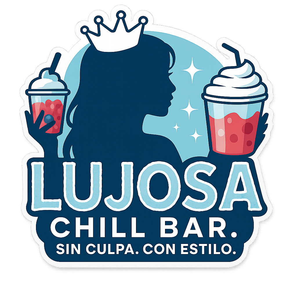 A logo for Lujosa Chill Bar featuring a silhouette of a woman wearing a crown, holding two drinks, with the tagline "Sin culpa. Con estilo."