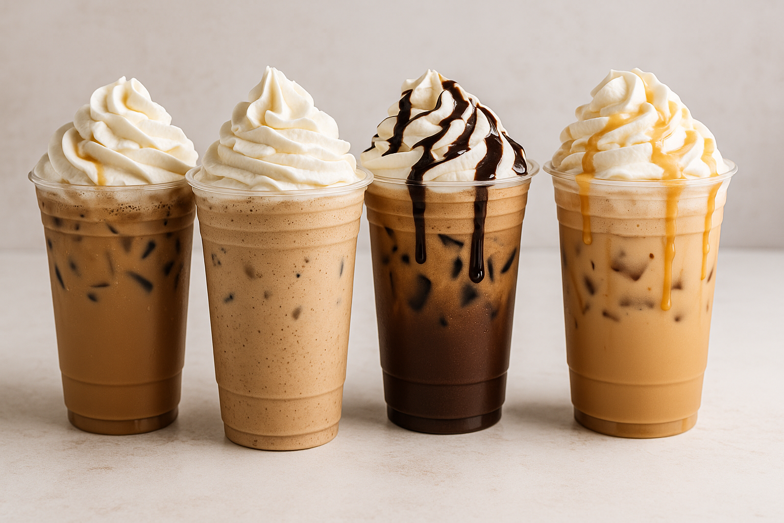 Four iced coffee drinks with whipped cream, topped with caramel or chocolate syrup, in clear plastic cups.