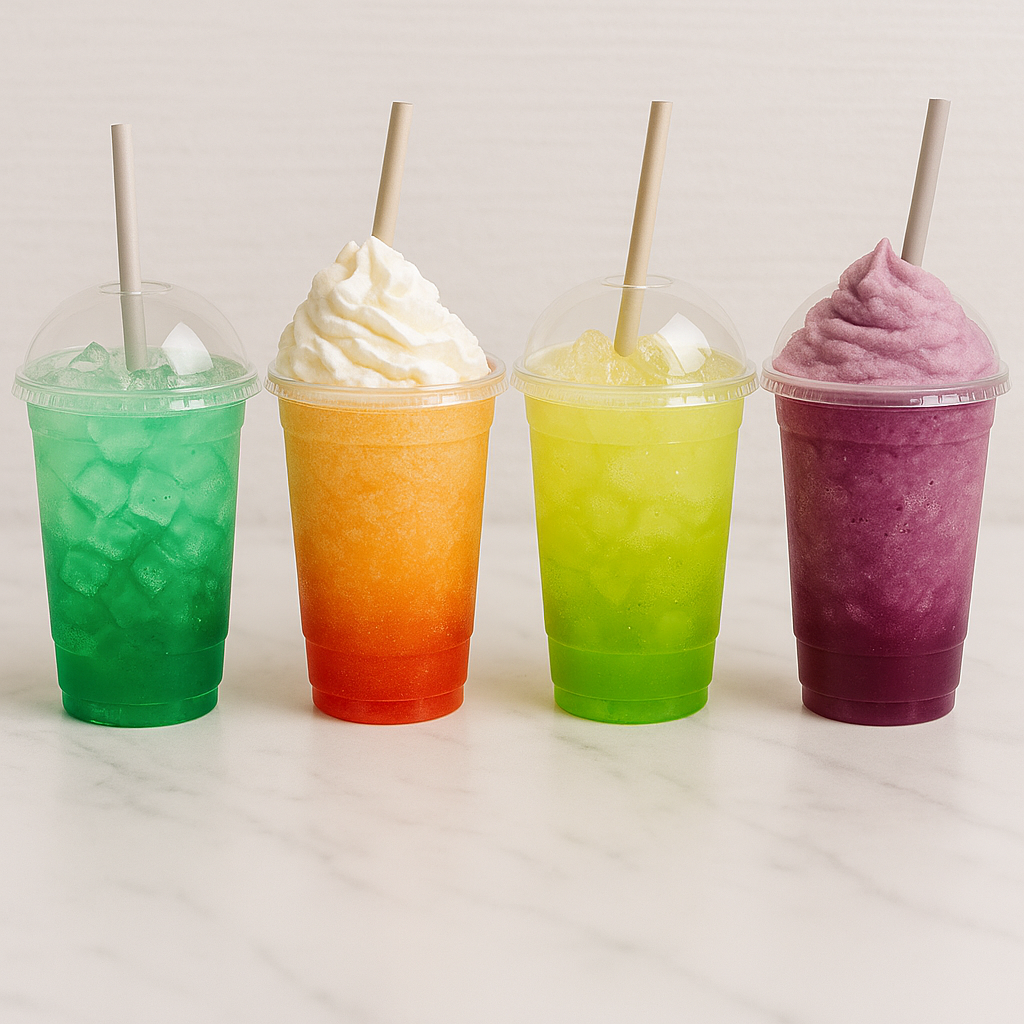 Four colorful slush drinks with whipped cream and straws on a white surface.