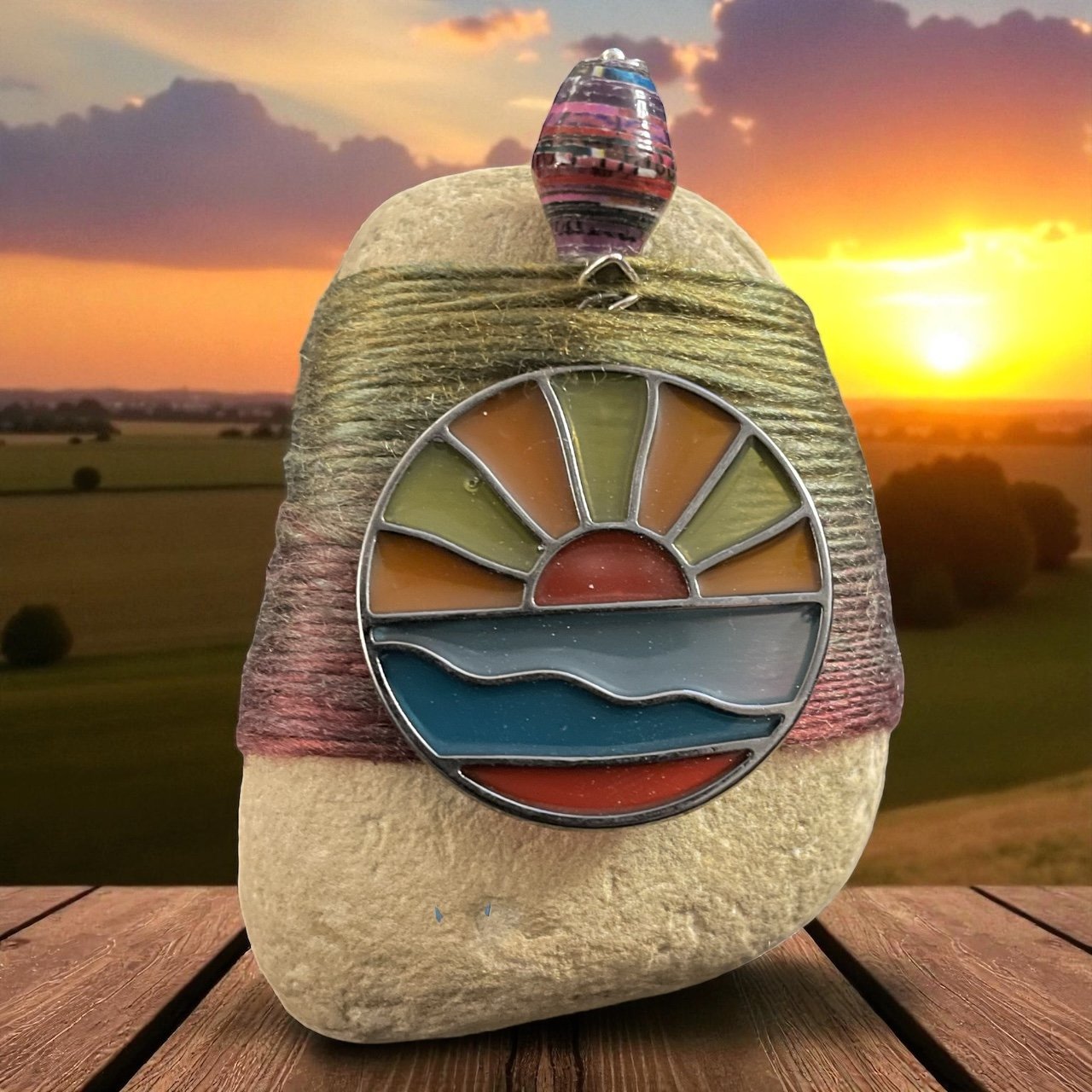 Sunrise Stained Glass Yarn Wrapped Stone