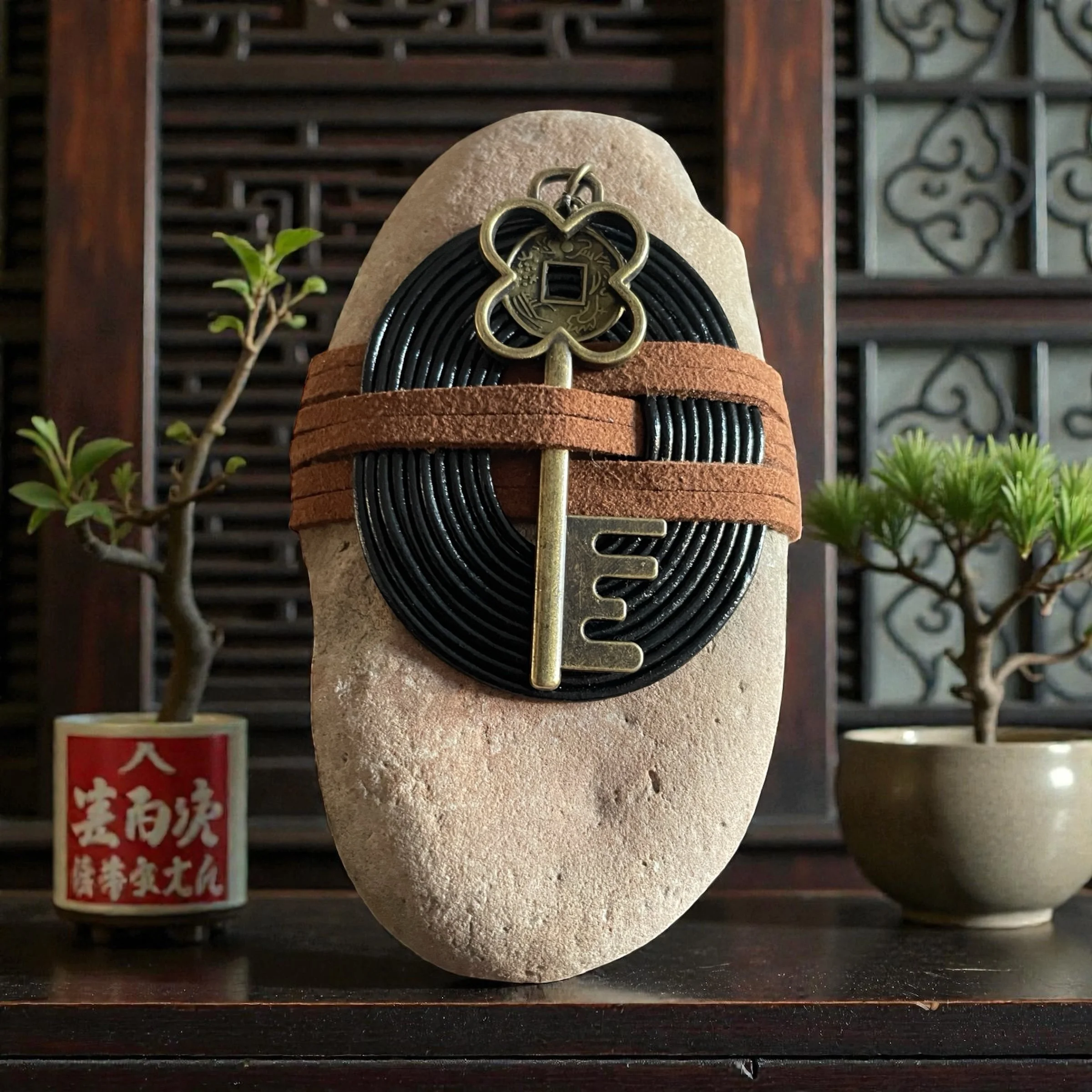 At Peace: Leather Circle Wrap with Key and Coin-Medium Wrapped Stone