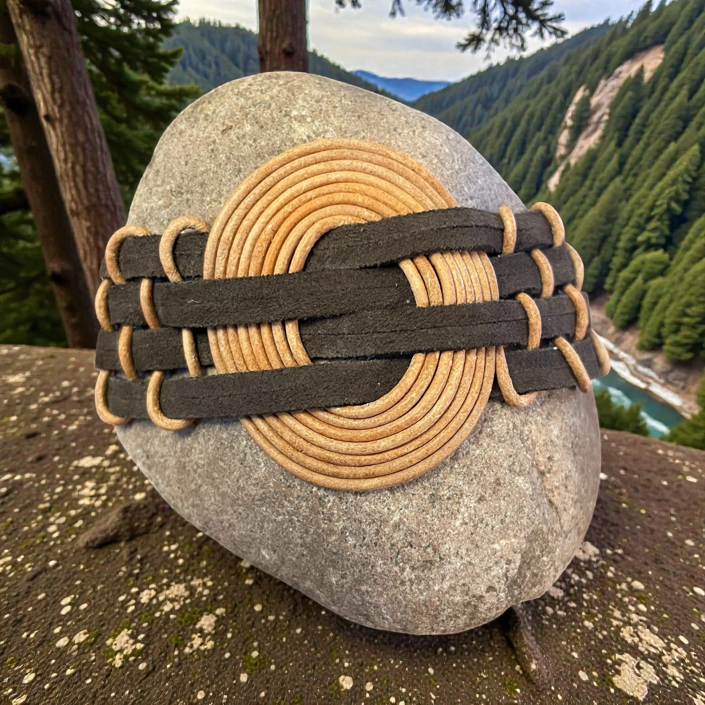 Nature’s Ripples: Leather Weave into Circle- Large Wrapped Stone