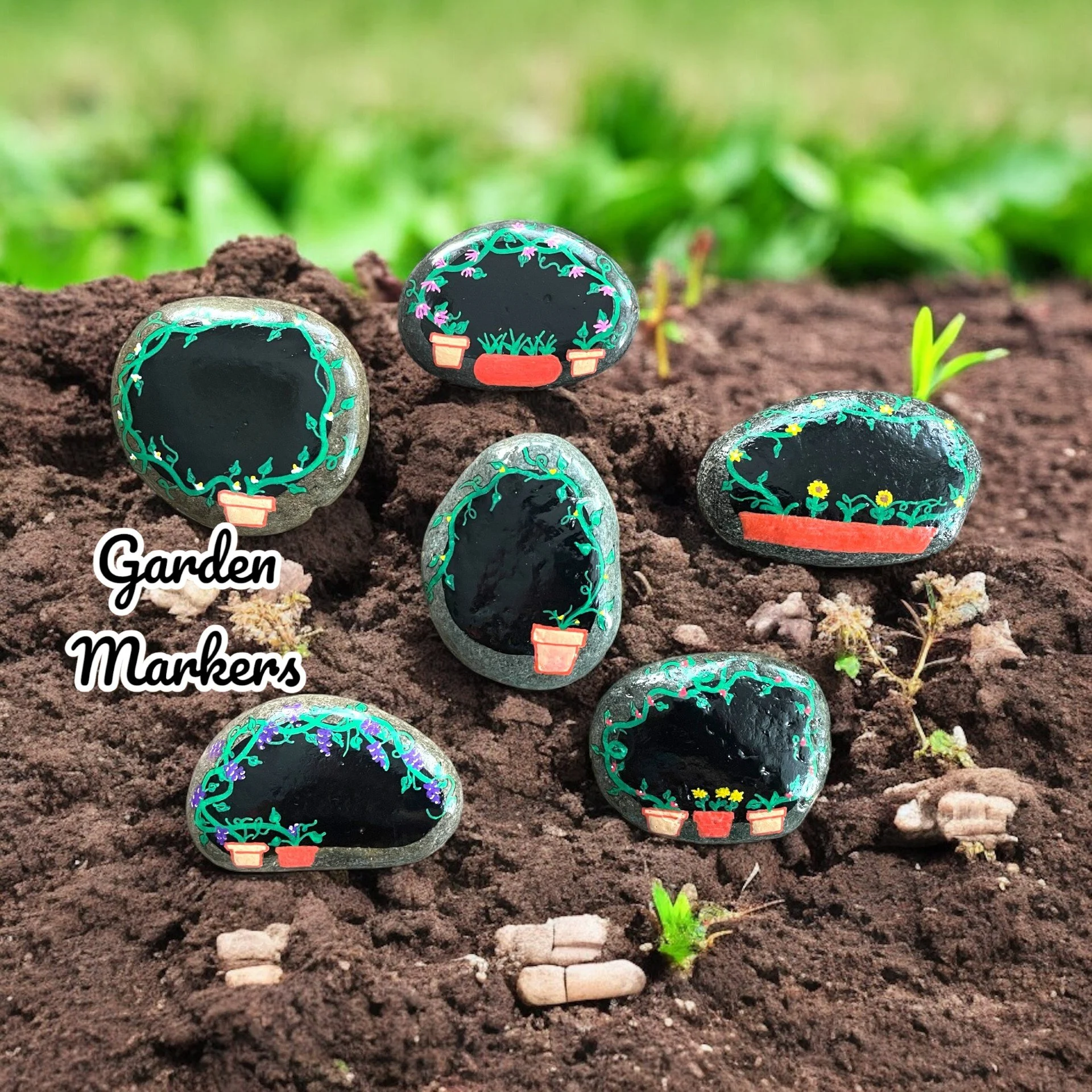 Decorative garden markers painted on rocks with small plant sprouting from the soil