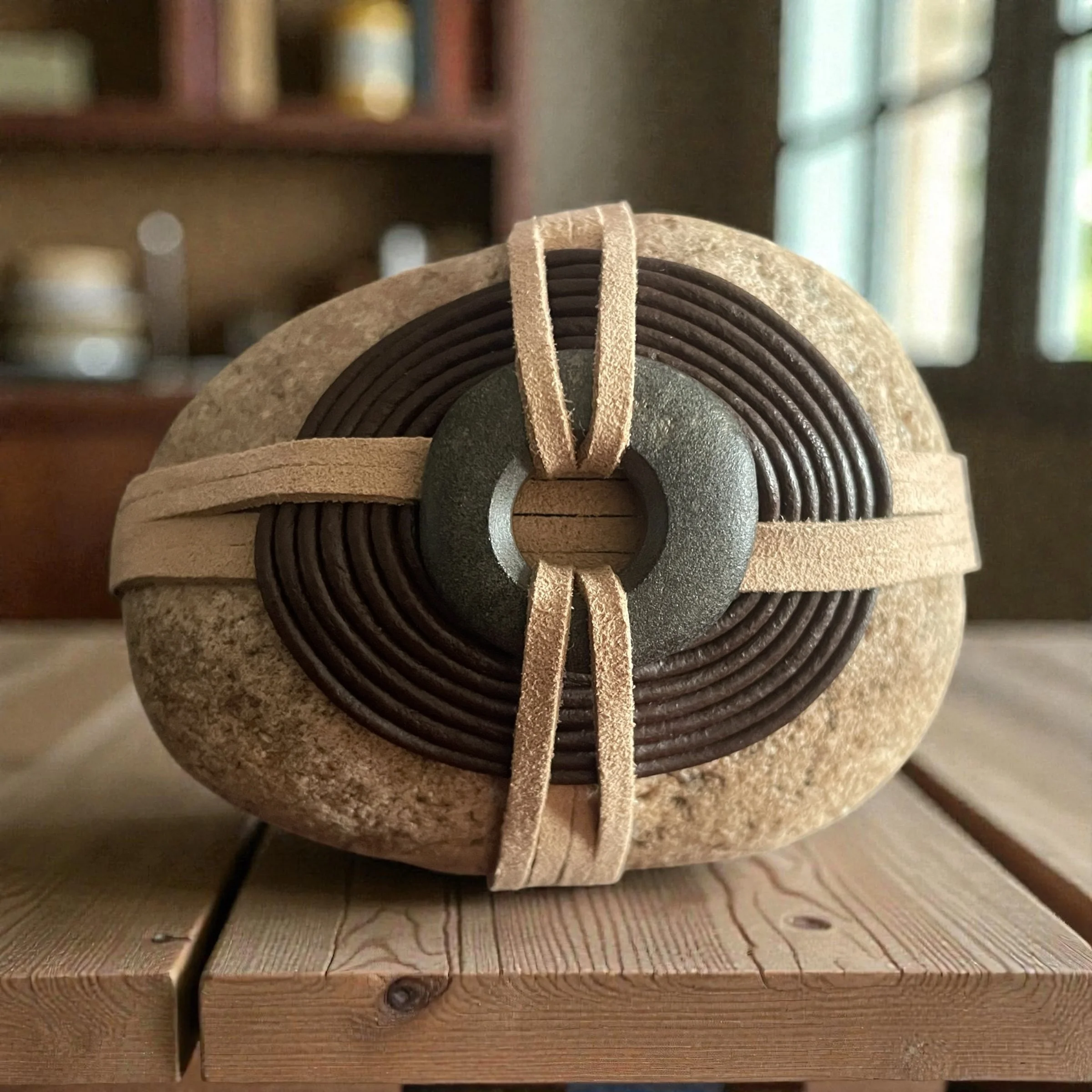 The Hag Stone: Leather Circle Wrapped Stone (medium)