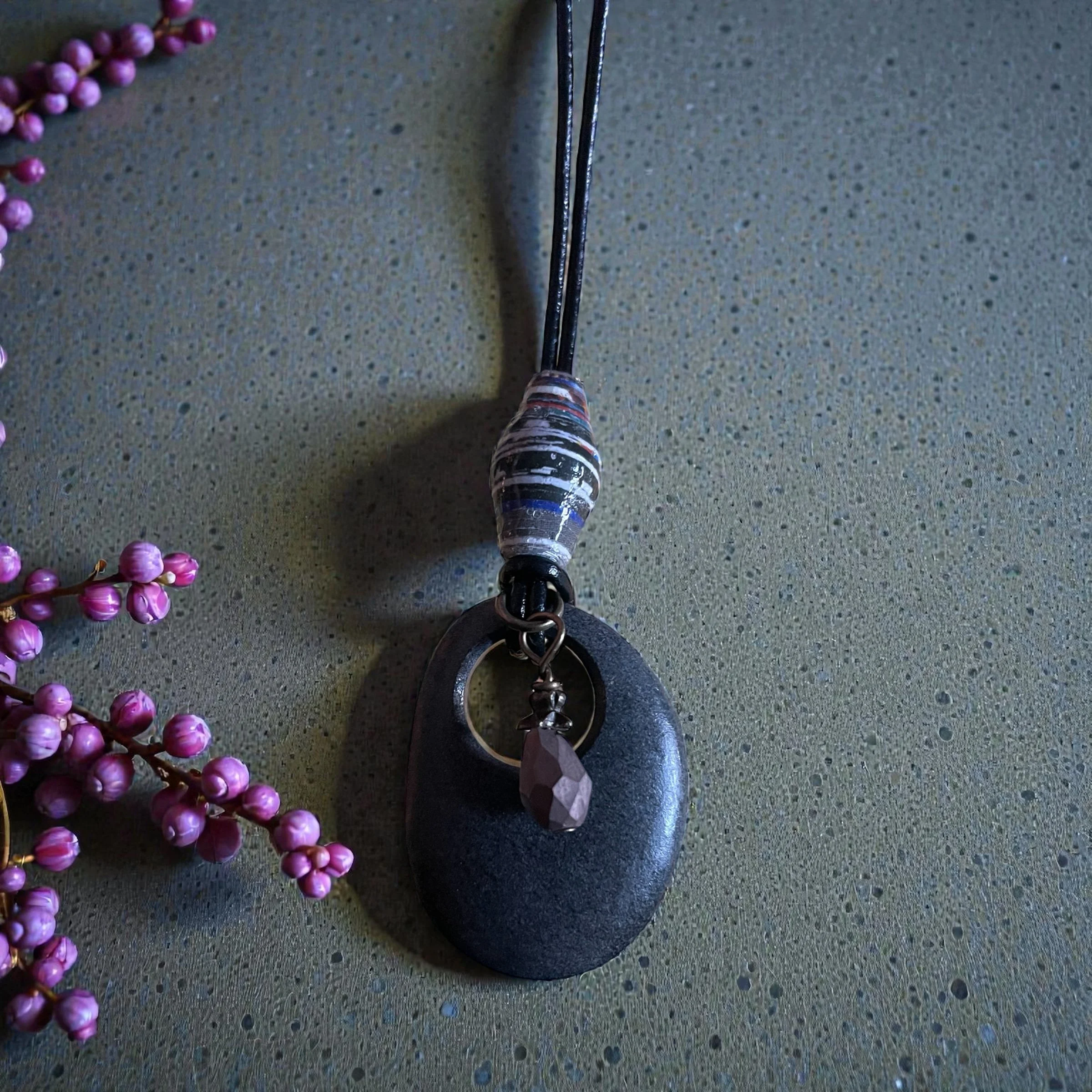 Natural Gray, Purple, and Brown Bead River Rock Necklace