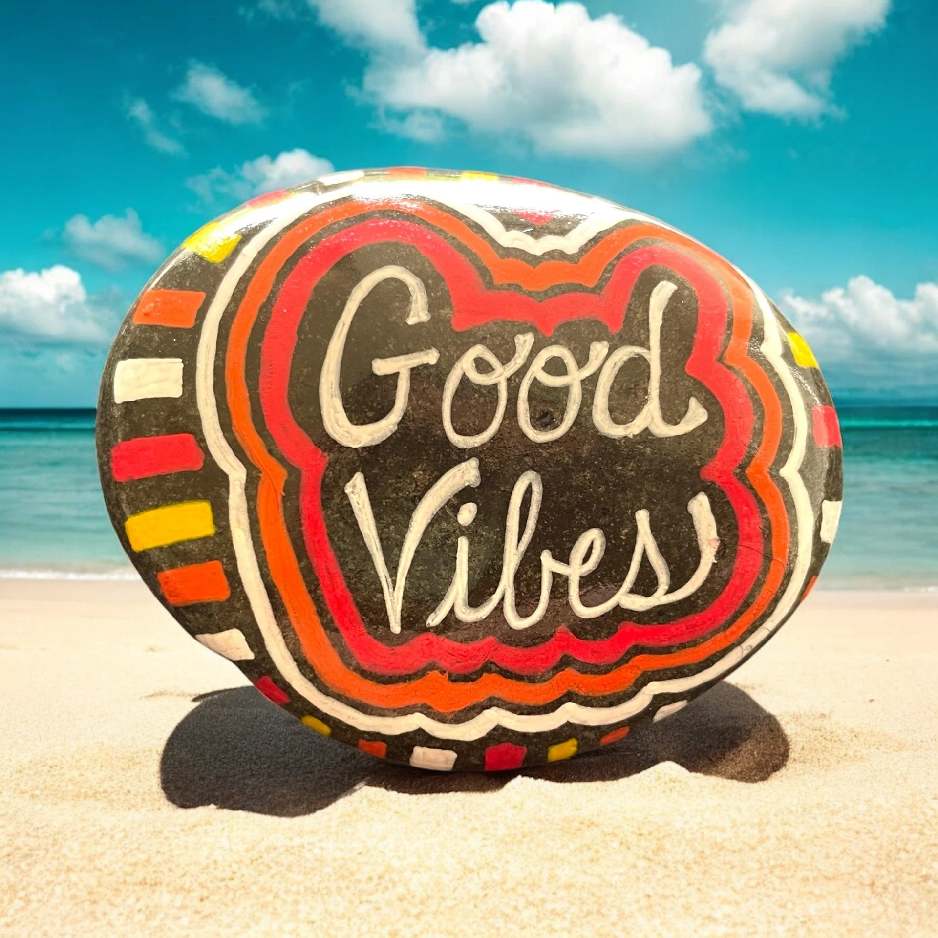Painted rock with 'Good Vibes' in white cursive on colorful red, orange, and yellow stripes.