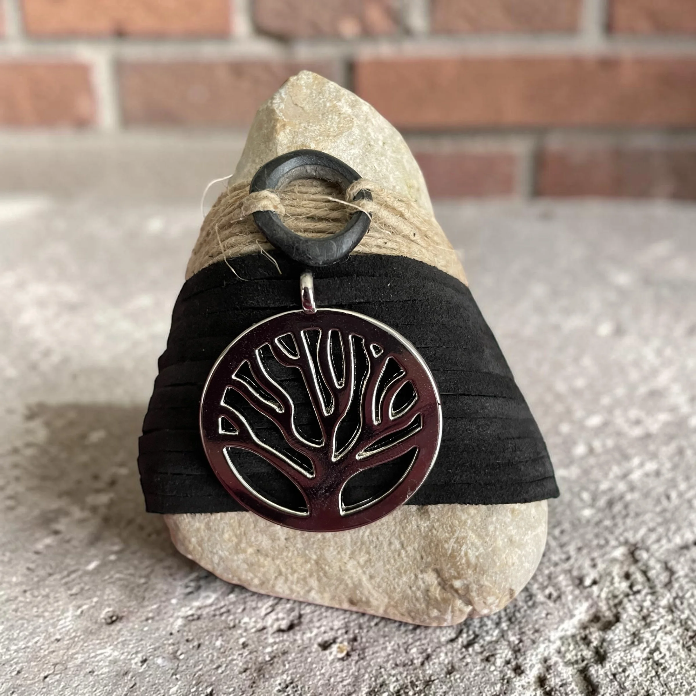 Life: Leather and Hemp Wrapped Stone with a Tree Pendant