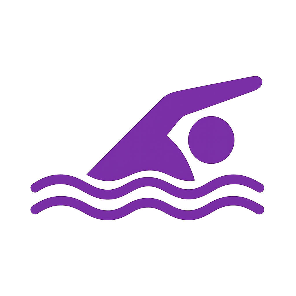 Neon-Grafik eines Schwimmers im Wasser, in lila Farben auf dunklem Hintergrund.