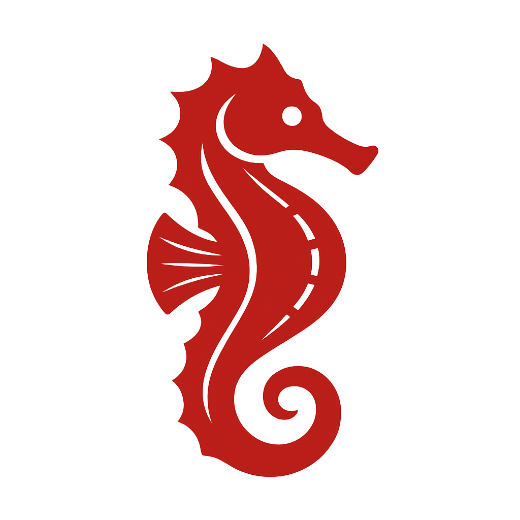 Rotes Symbol eines Seepferdchens auf schwarzem Hintergrund.