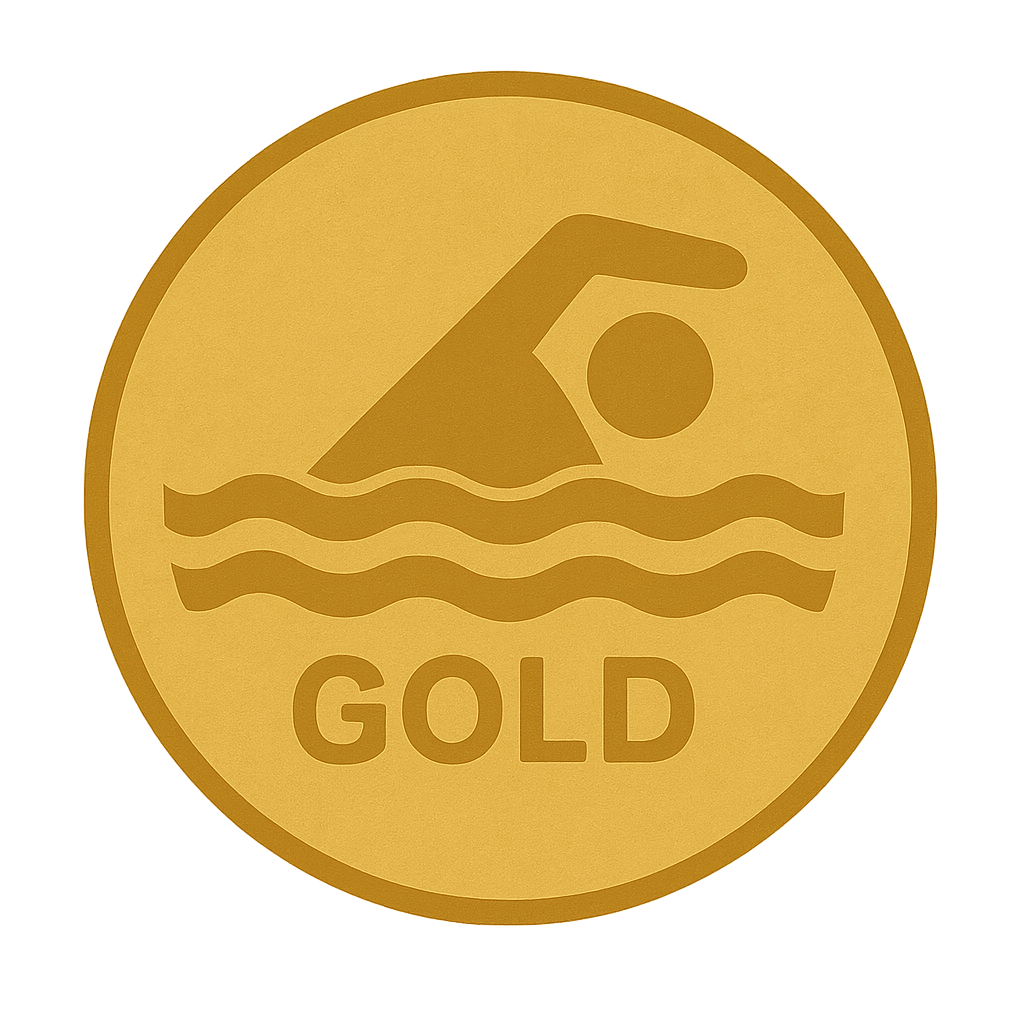 Goldmedaille für Schwimmen mit einer Schwimmerfigur und Wellen, darunter das Wort "GOLD".