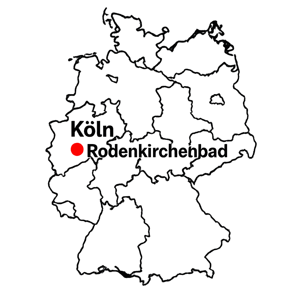 Karte von Deutschland mit einer roten Markierung bei RodenKirchebad und Texten, die