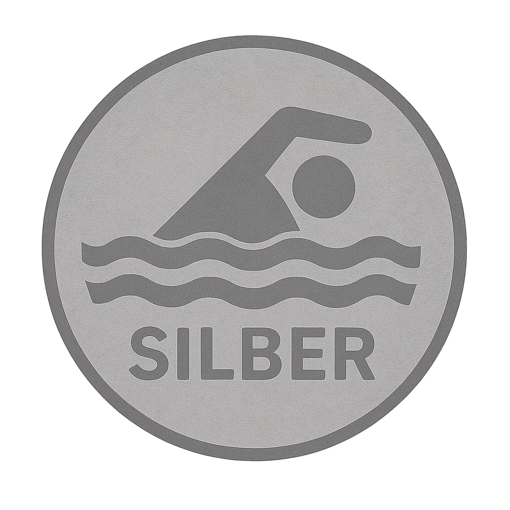 Silbermedaille mit einem Schwimmer-Symbol und dem Wort 'SILBER' darunter.