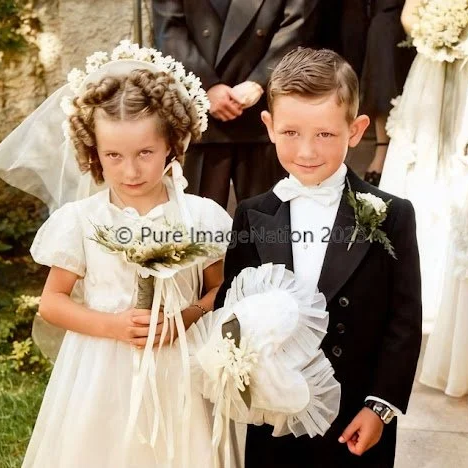 Full color  picture of a young flower girl and ring bearer taken in the early 1950s
