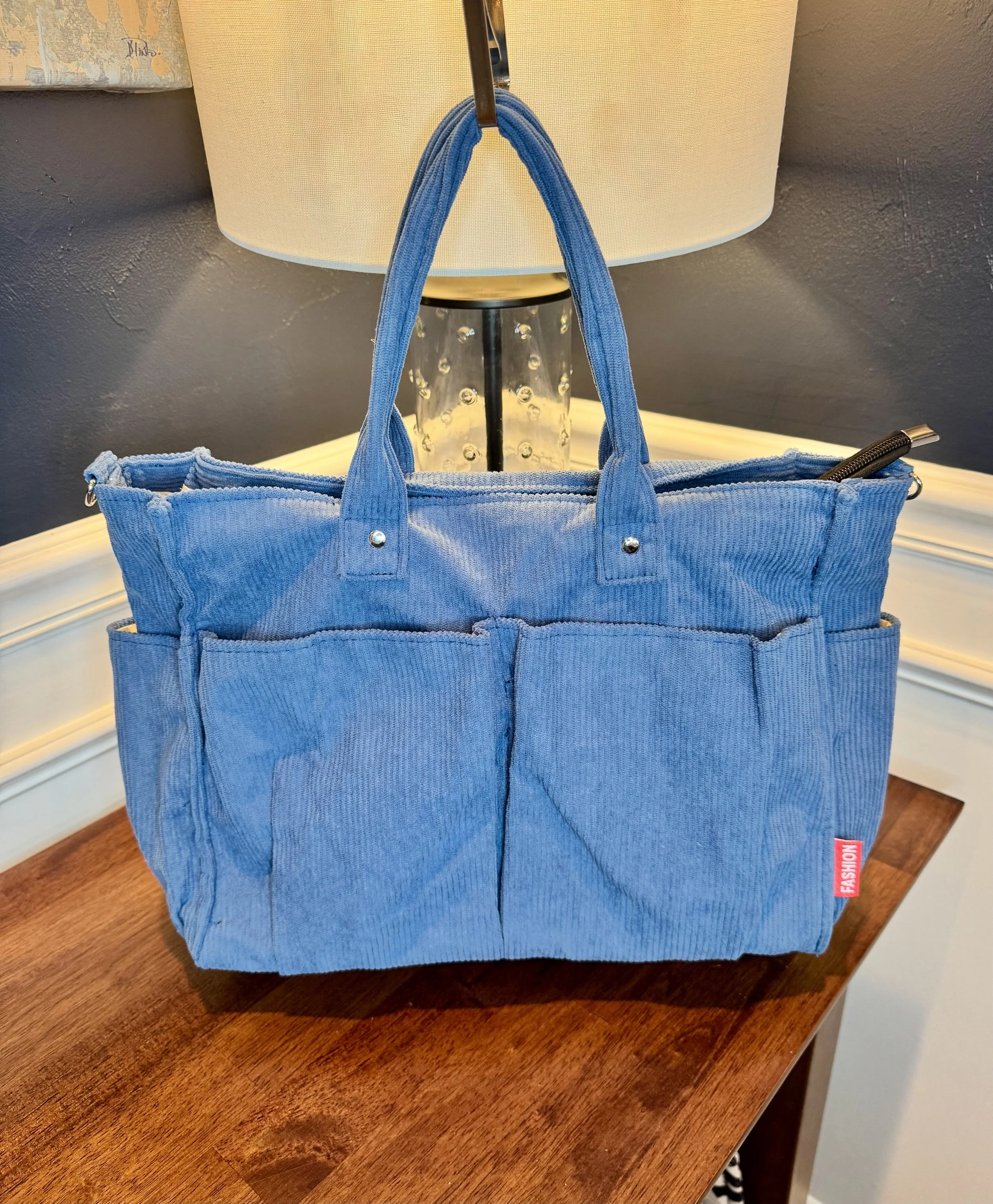 Blue Corduroy Laptop Messenger Tote Bag