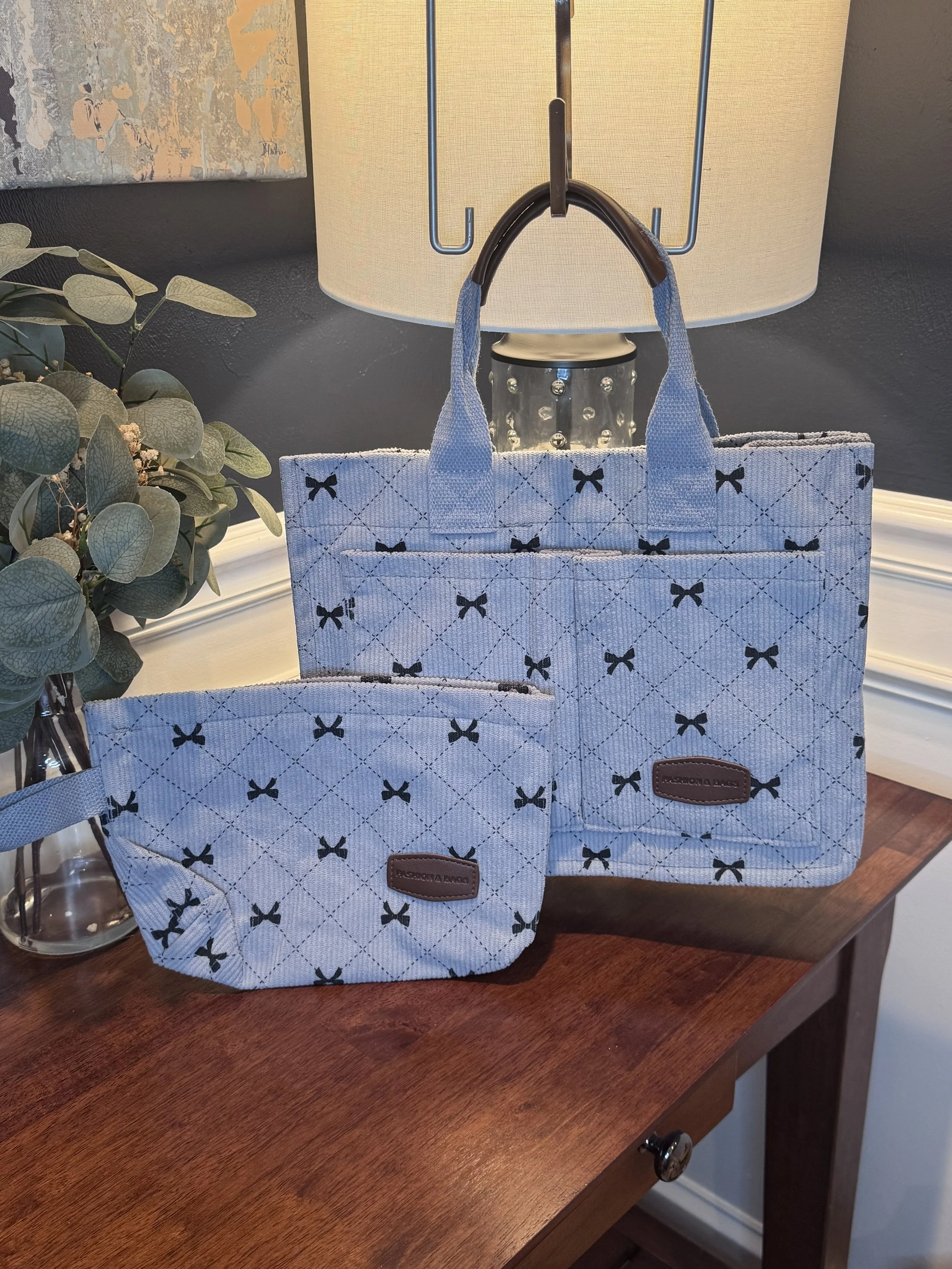 PREMIUM Gray with Black Bows Corduroy Quilted Messenger Tote Bag | Birthday gift | Book Lover | Gift | Graduation | Laptop Bag