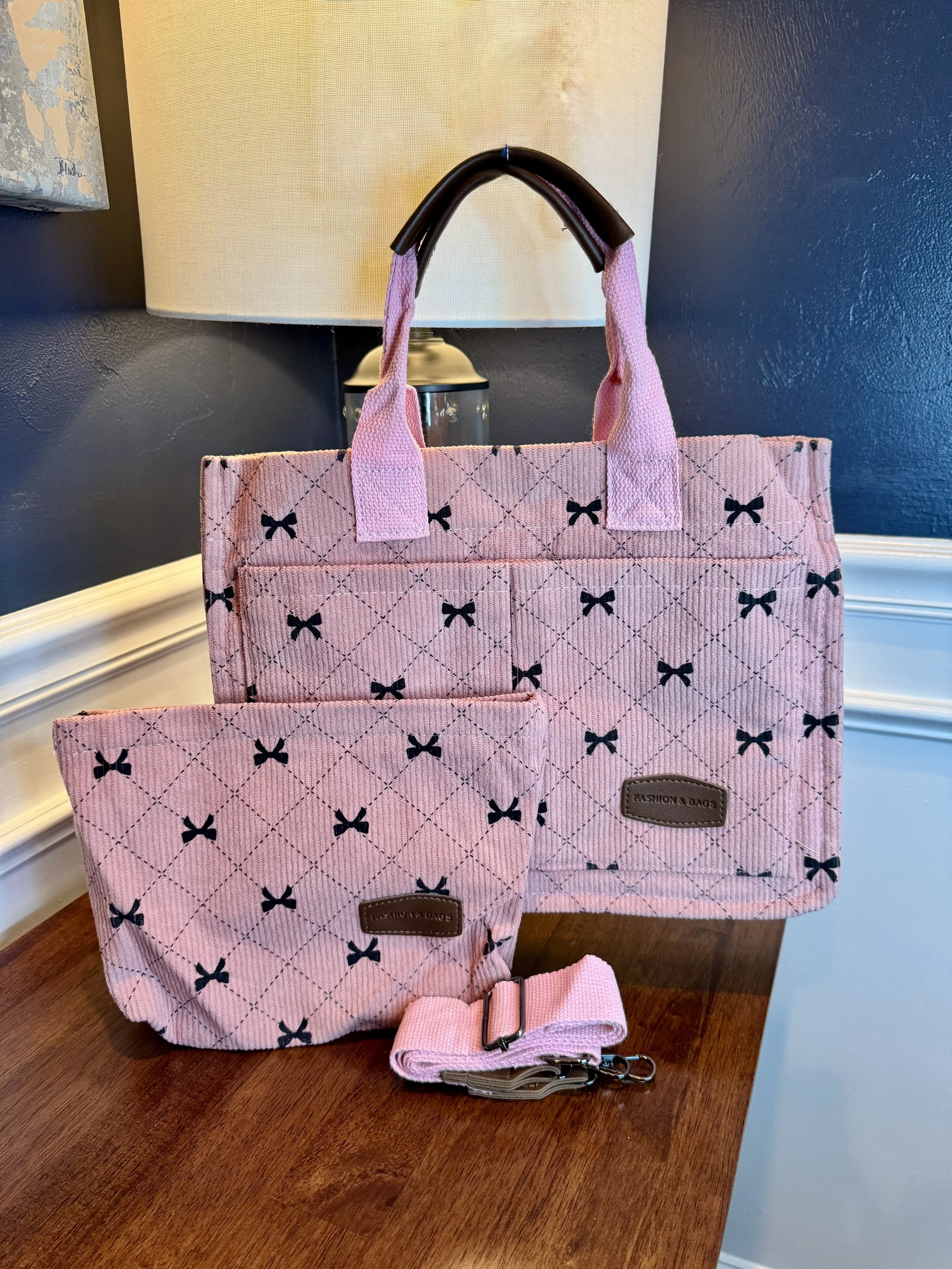 Blush Pink with Black Bows Corduroy Quilted Messenger Tote Bag