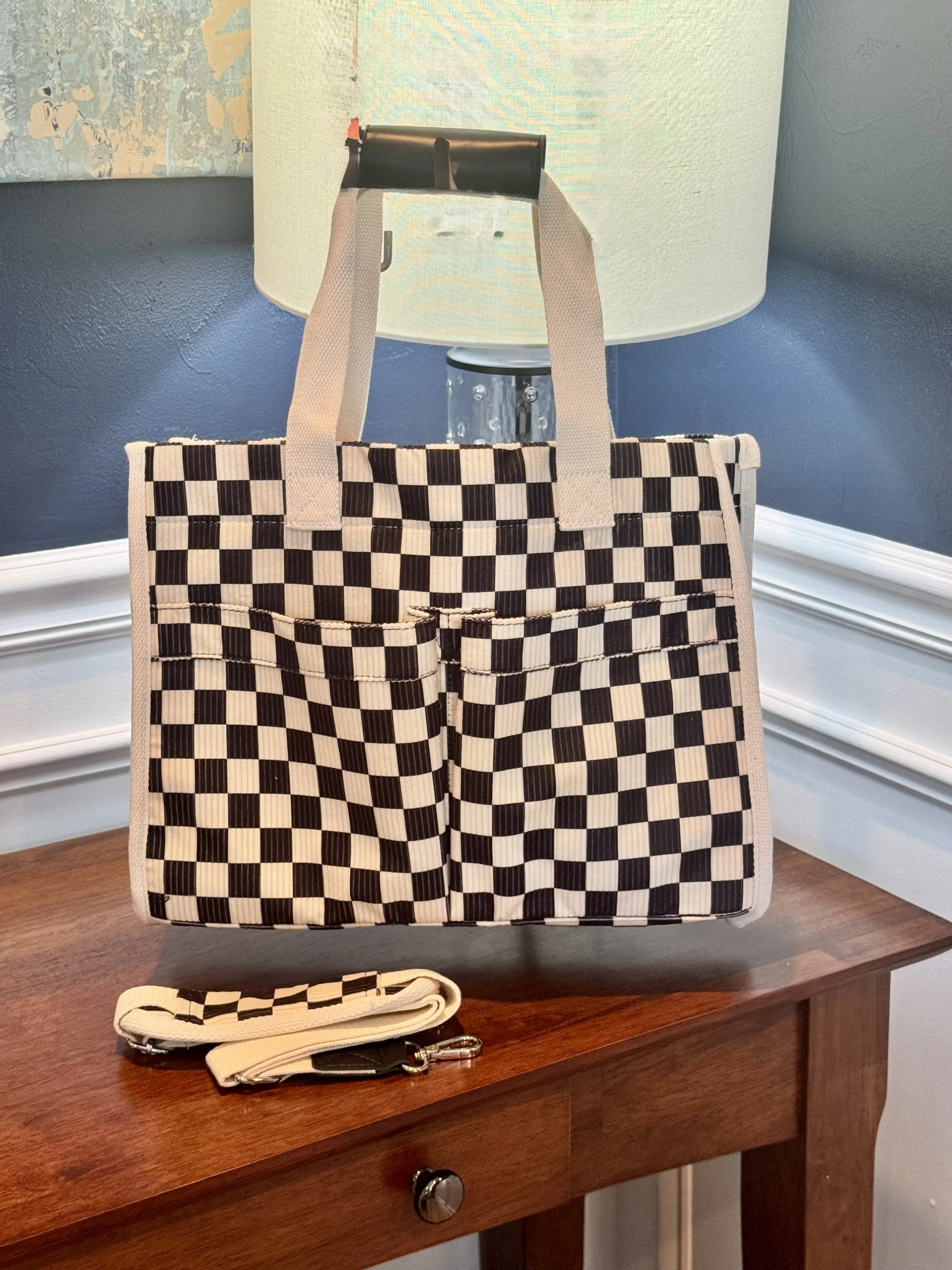 Black and White Checkered Crossbody Messenger Tote Bag