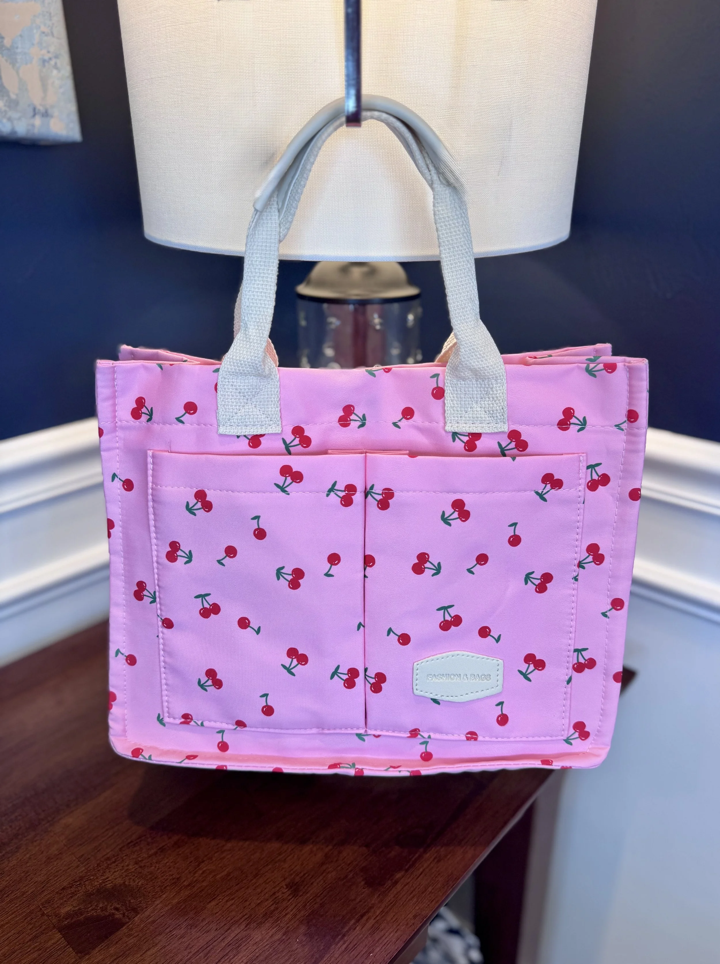 Pink with Cherries Print Messenger Tote Bag