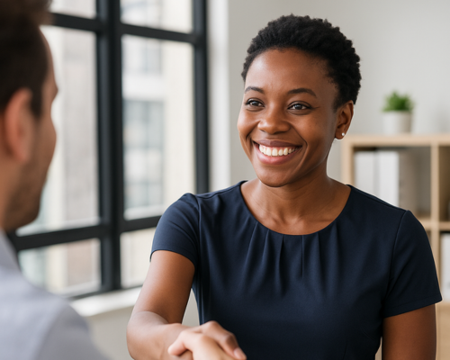 A woman with short curly hair smiling and shaking hands with a man in an office setting.