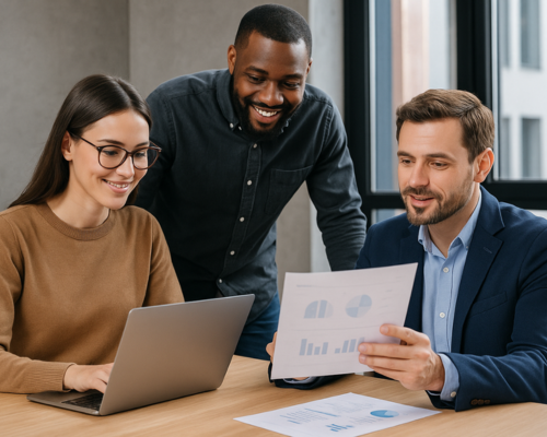 Three people in a professional setting look at documents and a laptop, smiling and engaged in a discussion.