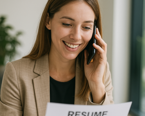 A woman smiling while talking on her cell phone and holding a resume.
