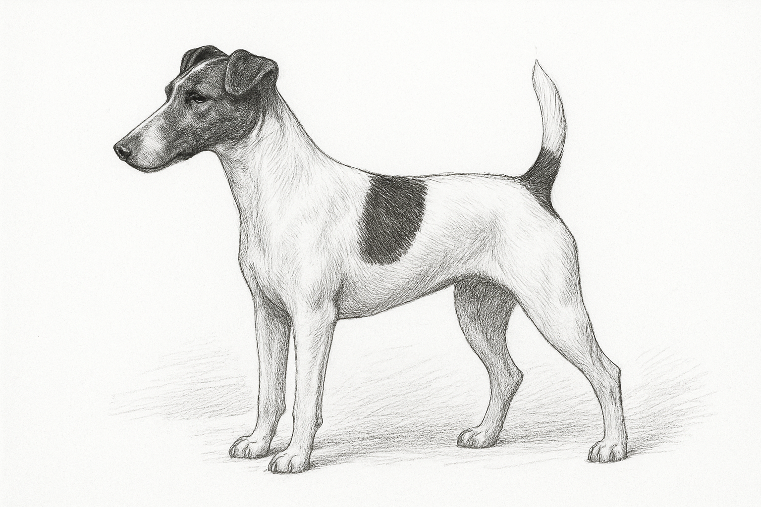 Sketch of a smooth fox terrier with a dark-colored face, ears, and a large dark patch on its side, standing on a surface.